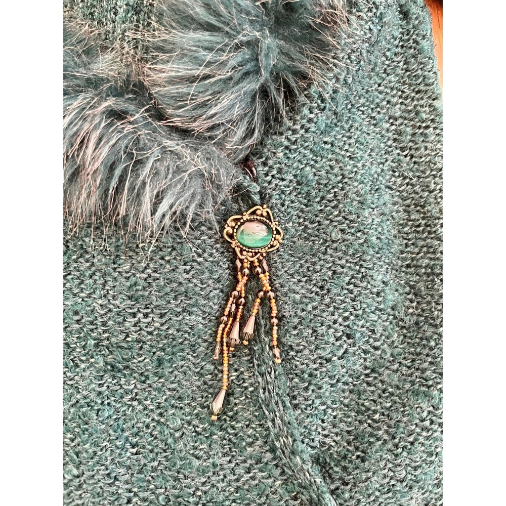 Vintage Teal Faux Fur Collar Jacket Turquoise Stone Tassel Sz S Carly St Claire - Picture 14 of 15